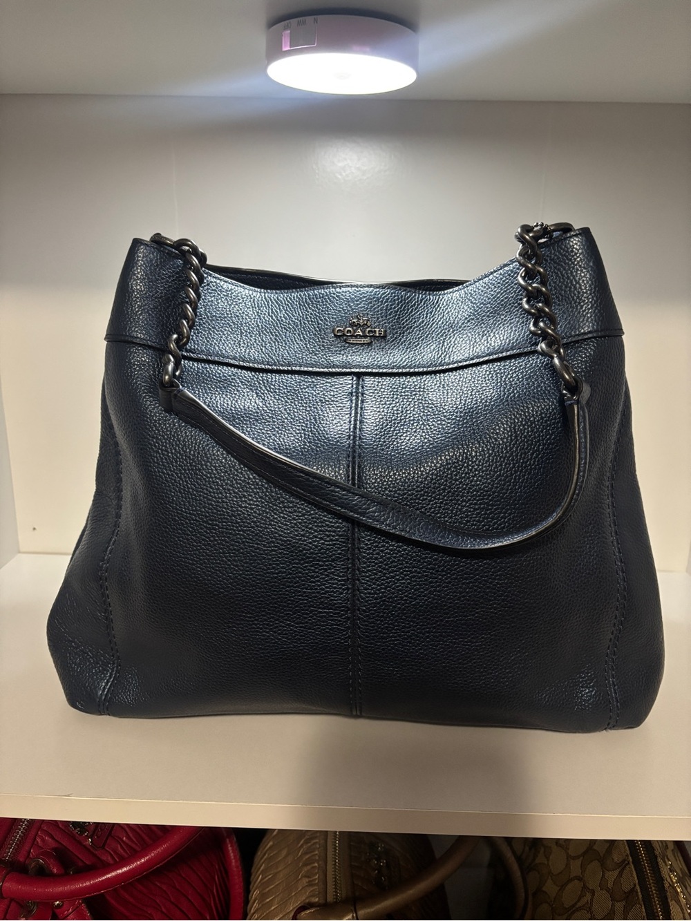 Coach Metallic Blue Pebbled Leather Lexy Shoulder Bag with Chain Strap